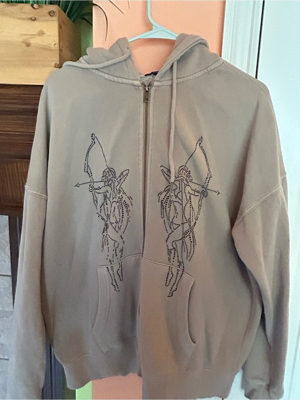 Forever 21 Women’s Embellished Angel Zip-Up Hoodie - Taupe